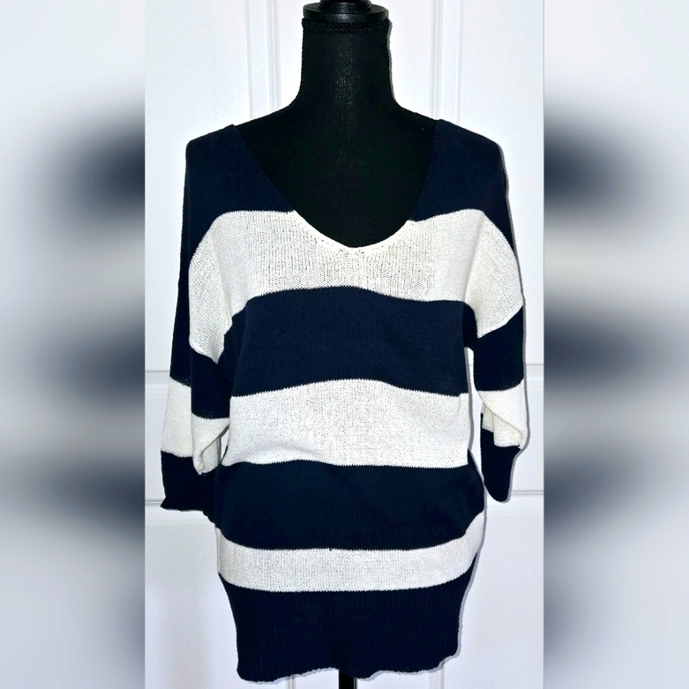 GUESS V-Neck Stripped Sweater Navy White 3/4 Sleeves Oversized Nautical Sz Sm